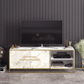 Comoda TV Polka, din PAL melaminat, alb/gold, 160x38.5x56.6 cm