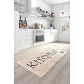 Covor bucatarie Spoon, 140x190 cm, dreptunghiular, 50% catifea/50% poliester, crem cu text imprimat