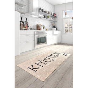 Covor bucatarie Spoon, 140x190 cm, dreptunghiular, 50% catifea/50% poliester, crem cu text imprimat