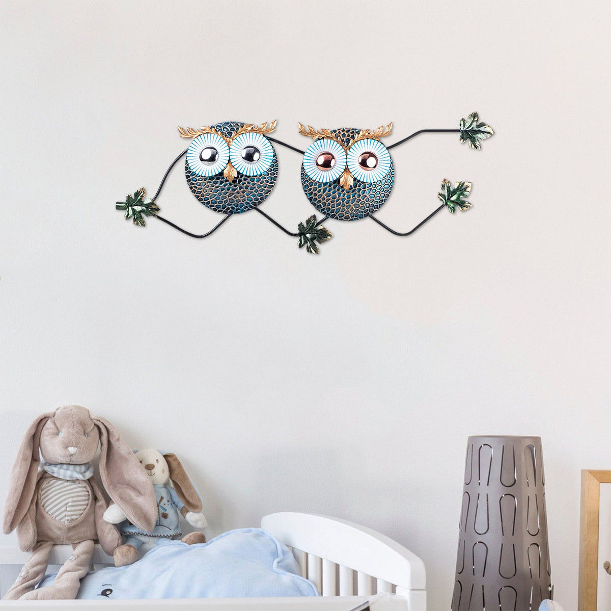 Decoratiune perete OWL 3, abastru/auriu, metal, 77x28 cm
