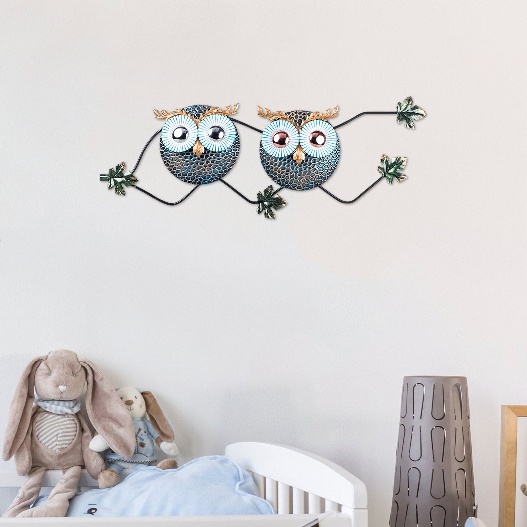 Decoratiune perete OWL 3, abastru/auriu, metal, 77x28 cm