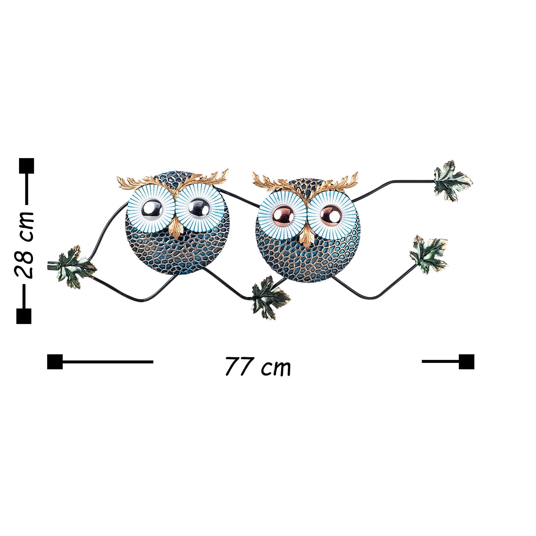 Decoratiune perete OWL 3, metal, albastru/auriu/verde, 77×28 cm