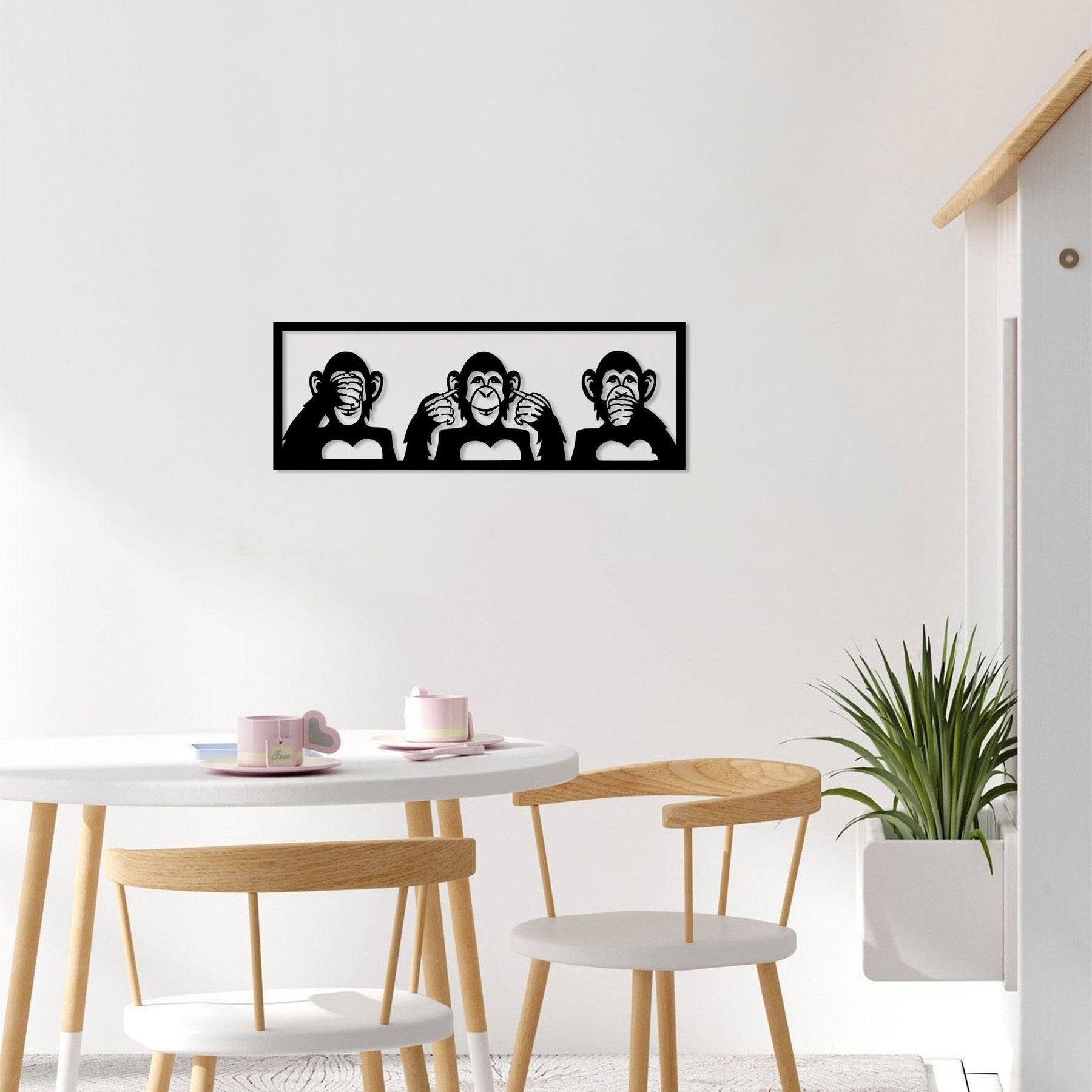Decoratiune perete Three Monkeys - M, negru, metal, 70x25 cm