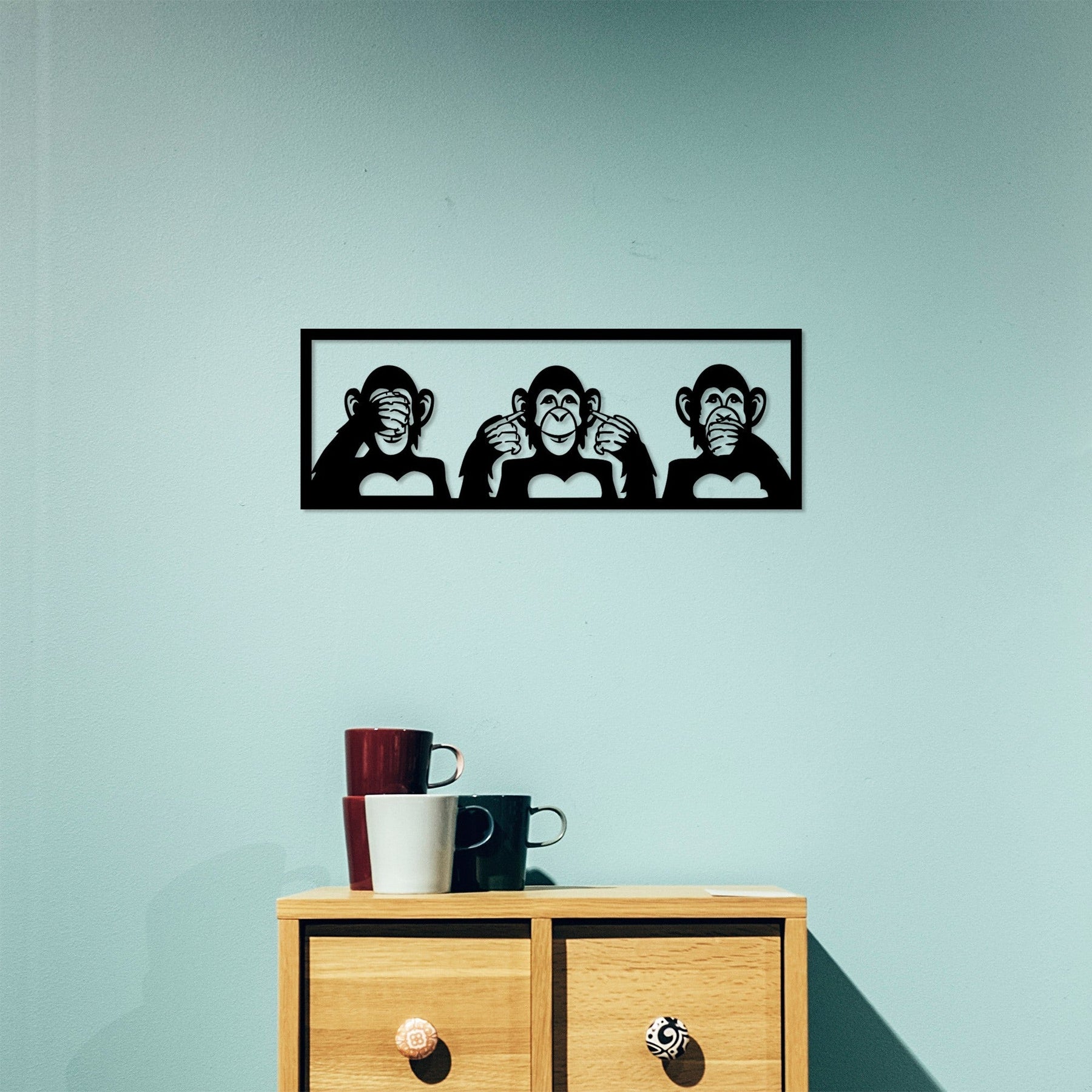 Decoratiune perete Three Monkeys - S, negru, metal, 50x18 cm