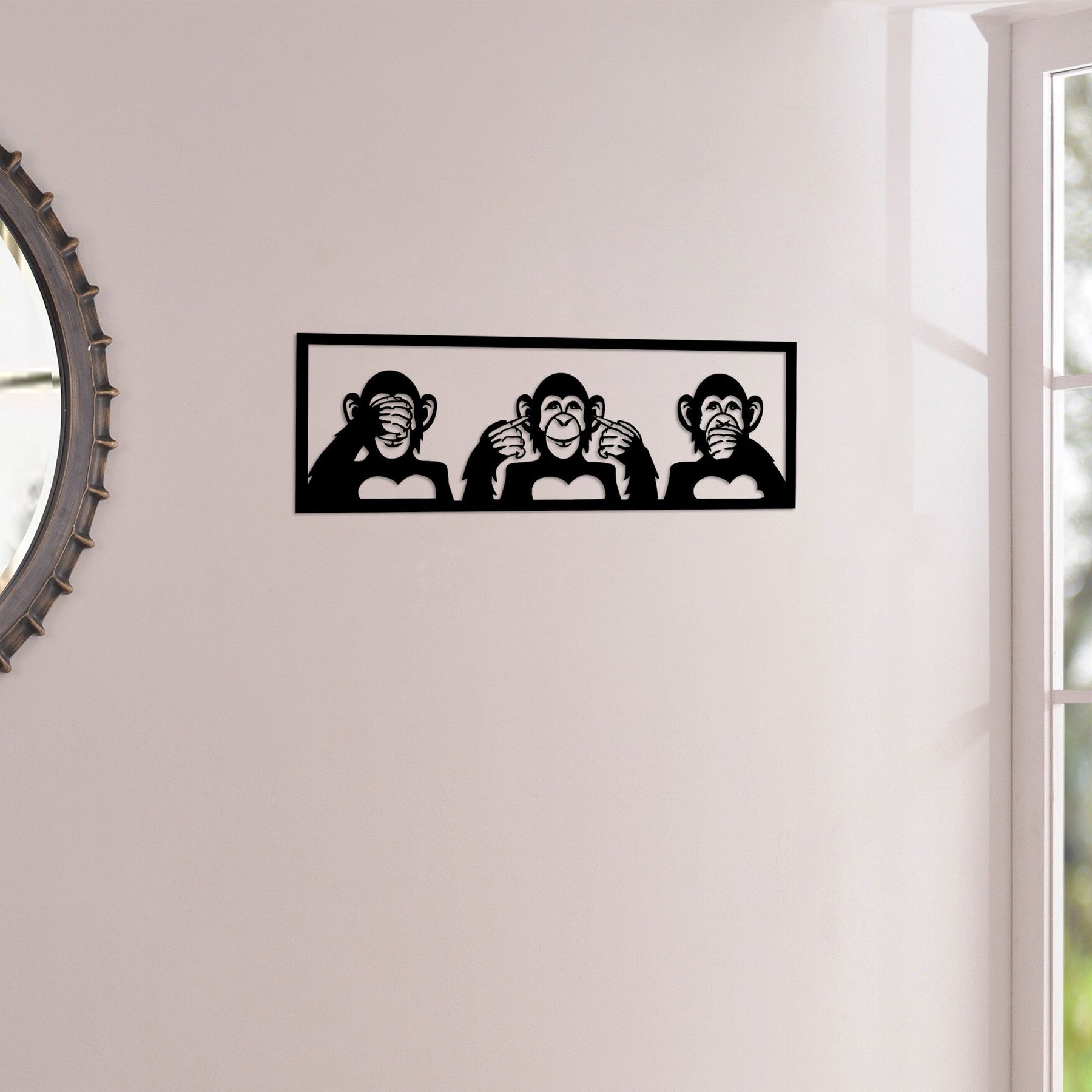 Decoratiune perete Three Monkeys - S, negru, metal, 50x18 cm