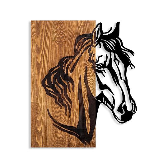 Accesoriu decorativ Horse 1, stejar/negru, lemn/metal, 48x57 cm