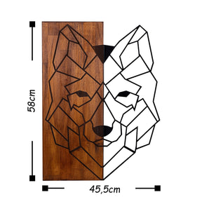 Decoratiune perete Wolf1, stejar/negru, lemn/metal, 45.5x3x58 cm