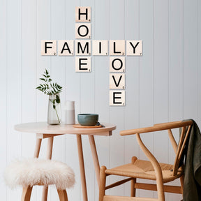 Decoratiune perete Scrabble, alb/negru, lemn, 95x95 cm