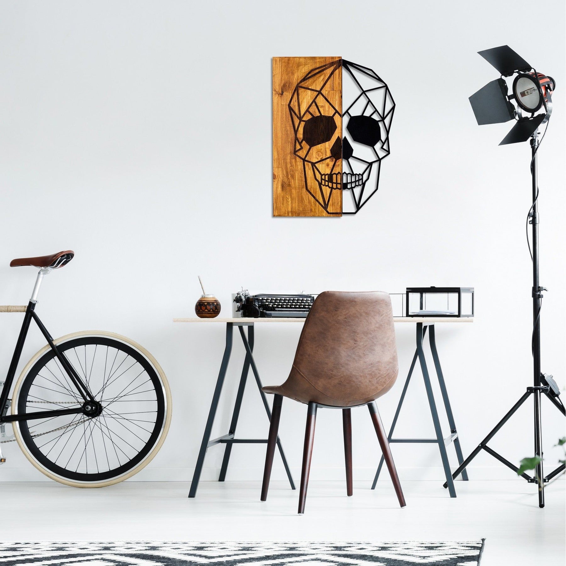 Decoratiune perete Skull, stejar/negru, lemn/metal, 44x58 cm