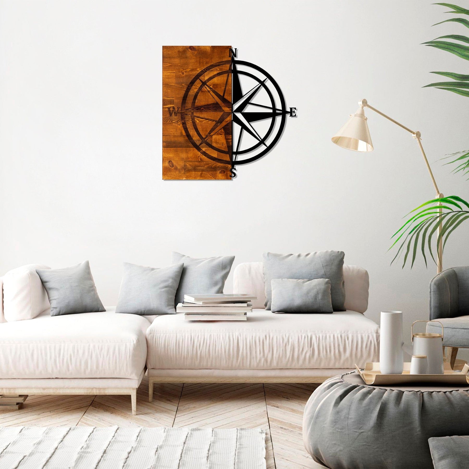 Decoratiune perete Pusula, stejar/negru, lemn/metal, 58x58 cm