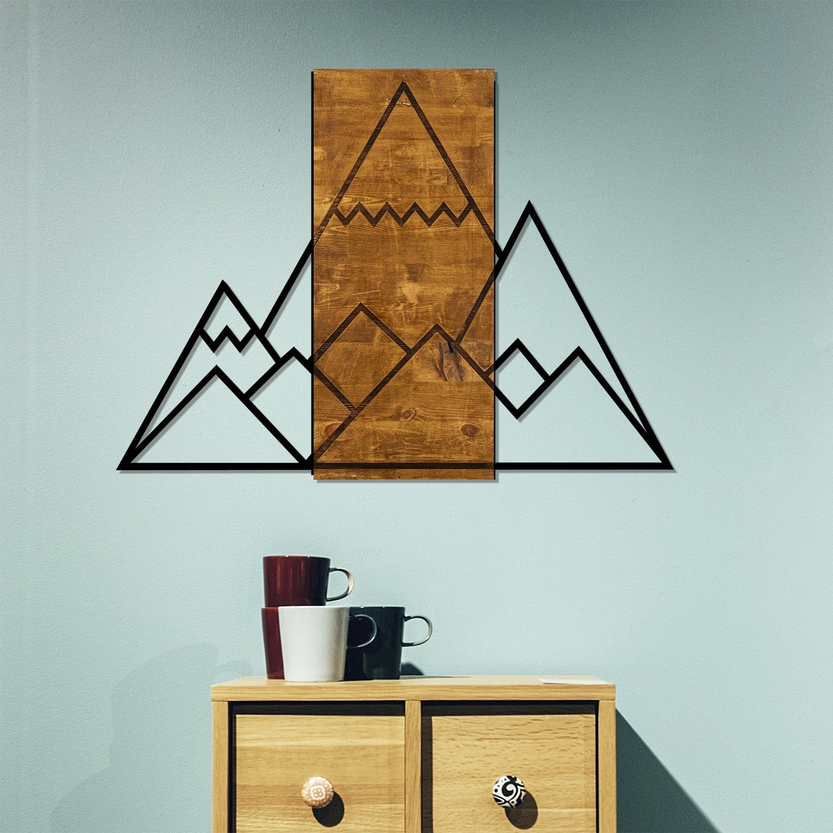 Accesoriu decorativ Mountain, stejar/negru, lemn/metal, 75x58 cm