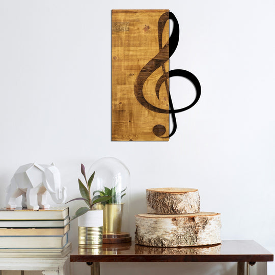 Decoratiune perete Treble Clef, stejar/negru, lemn/metal, 39x58 cm