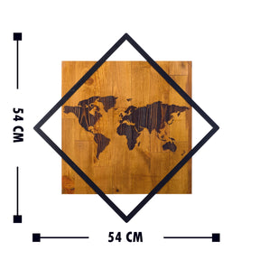 Decoratiune perete World 2, stejar/negru, lemn/metal, 54x54 cm