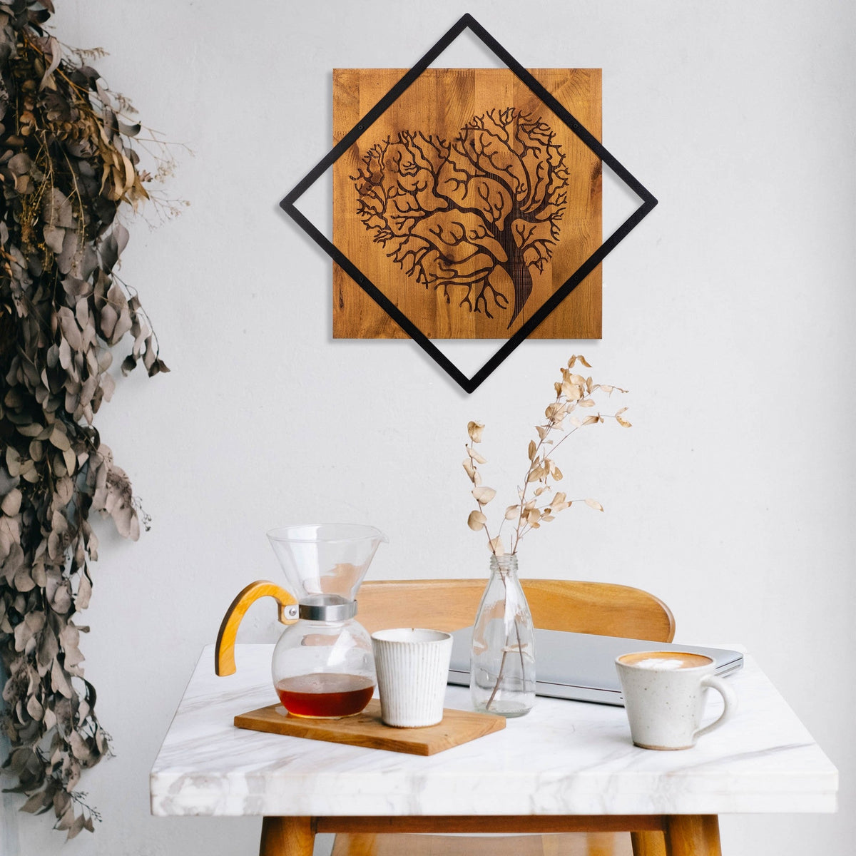 Decoratiune perete TREE 2, nuc/negru, lemn/metal, 54x54 cm