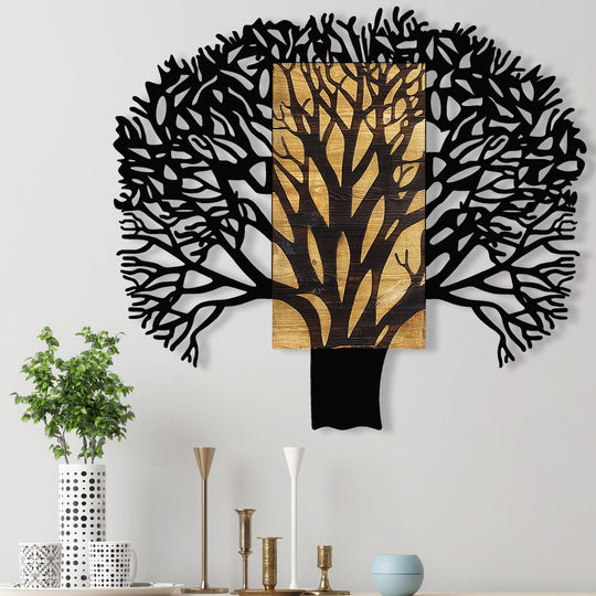 Decoratiune perete Tree 1, stejar/negru, lemn/metal, 93x3x86 cm