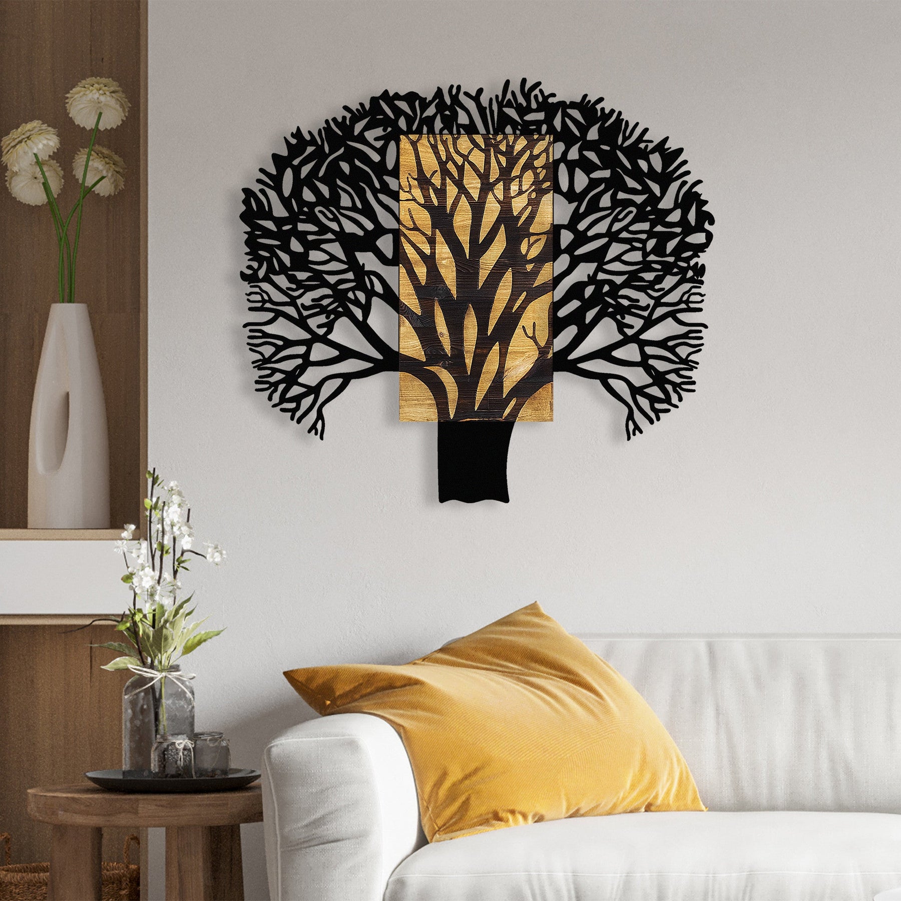 Decoratiune perete Tree 1, stejar/negru, lemn/metal, 93x3x86 cm