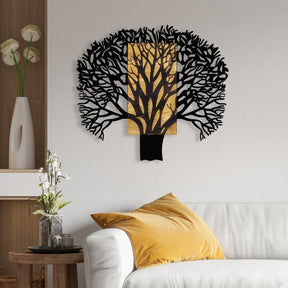 Decoratiune perete Tree 1, stejar/negru, lemn/metal, 93x3x86 cm