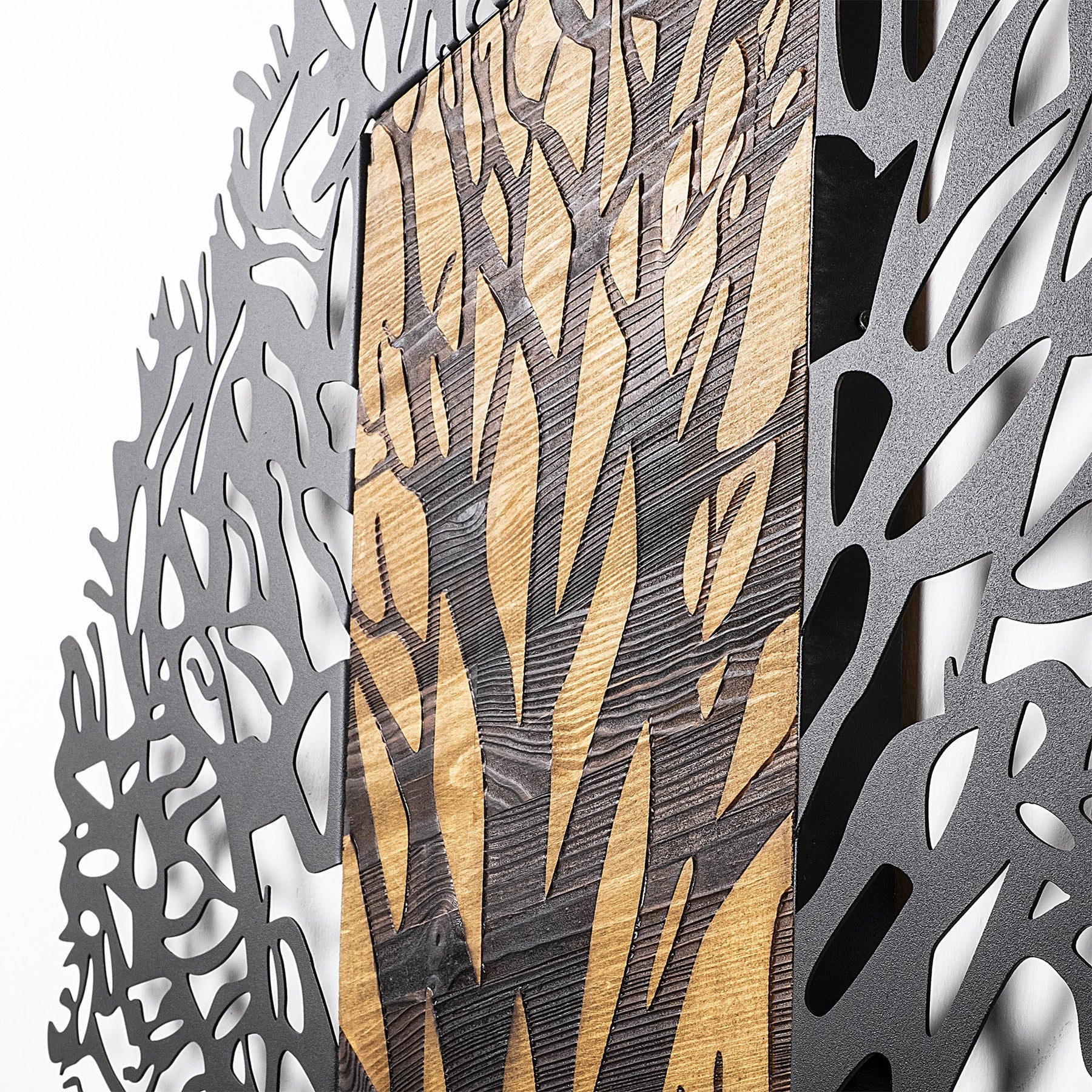 Decoratiune perete Tree 1, stejar/negru, lemn/metal, 93x3x86 cm