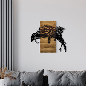 Accesoriu decorativ Leopard, negru/stejar, lemn/metal, 66x58 cm
