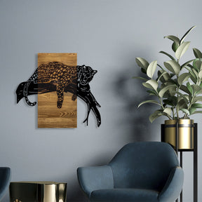 Accesoriu decorativ Leopard, negru/stejar, lemn/metal, 66x58 cm