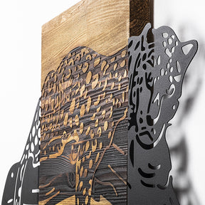 Accesoriu decorativ Leopard, negru/stejar, lemn/metal, 66x58 cm