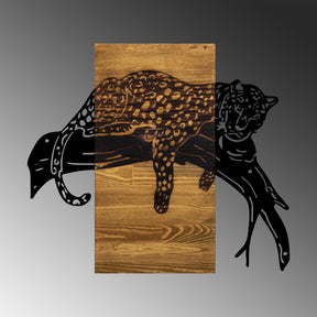 Accesoriu decorativ Leopard, negru/stejar, lemn/metal, 66x58 cm