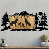 Decoratiune perete Wolf Family, stejar/negru, lemn/metal, 108x3x47 cm
