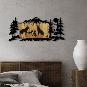 Decoratiune perete Wolf Family, stejar/negru, lemn/metal, 108x3x47 cm