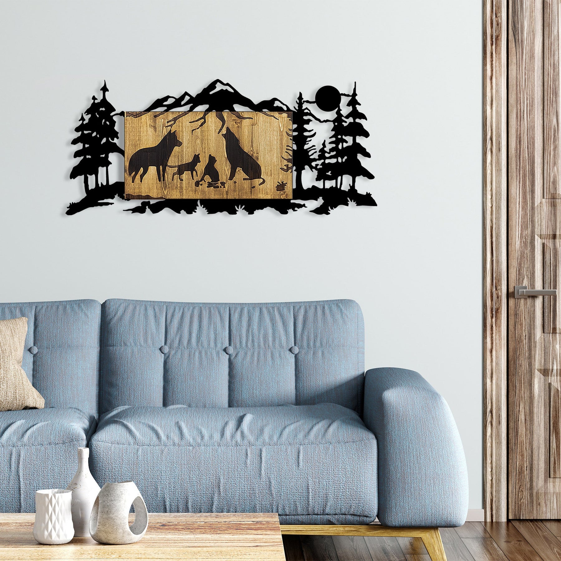 Decoratiune perete Wolf Family, stejar/negru, lemn/metal, 108x3x47 cm