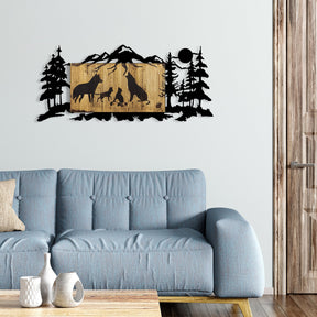 Decoratiune perete Wolf Family, stejar/negru, lemn/metal, 108x3x47 cm