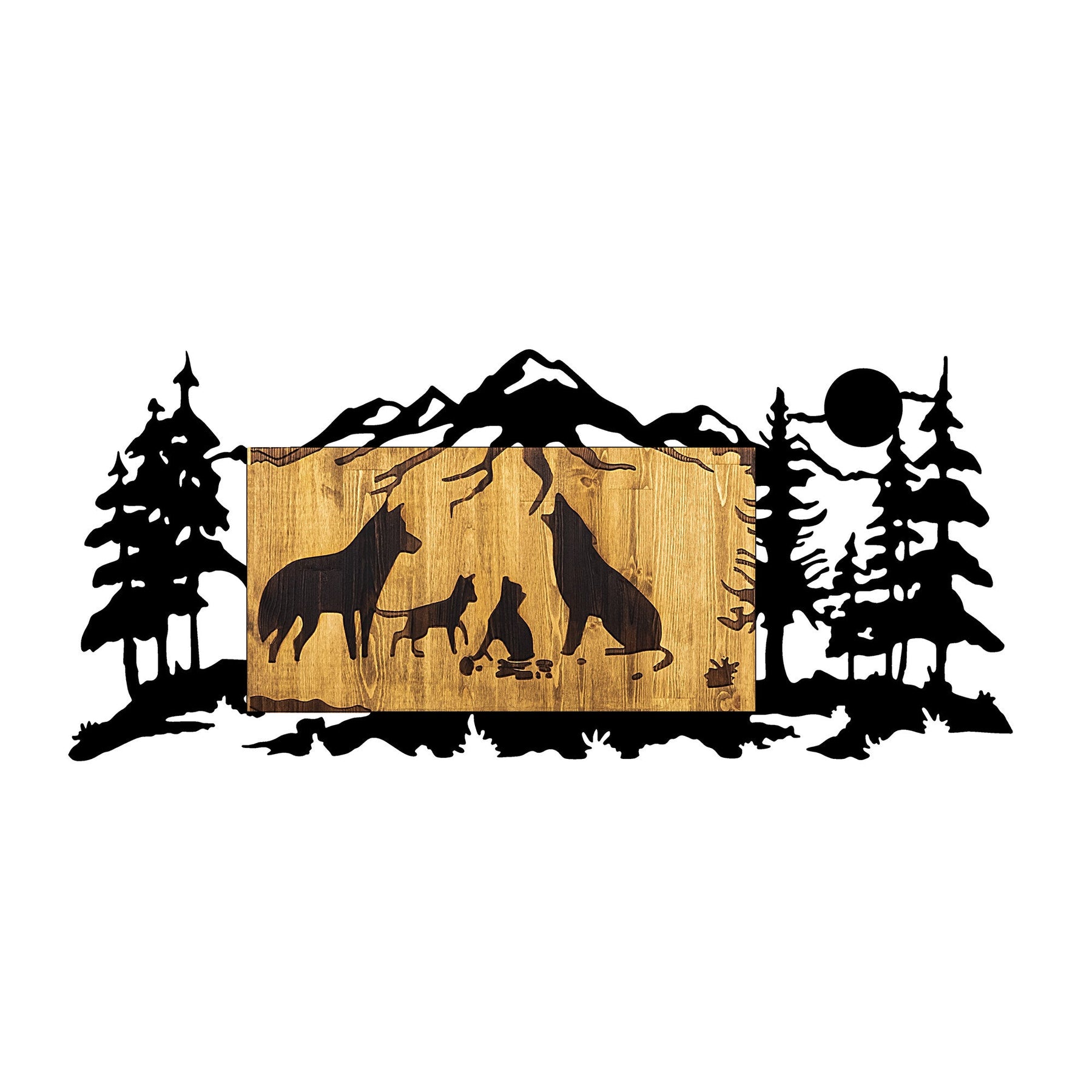 Decoratiune perete Wolf Family, stejar/negru, lemn/metal, 108x3x47 cm
