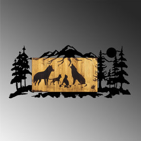 Decoratiune perete Wolf Family, stejar/negru, lemn/metal, 108x3x47 cm