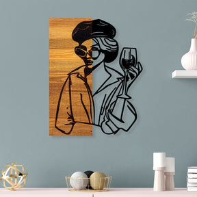 Decoratiune perete Woman 2, stejar/negru, lemn/metal, 39x3x50 cm