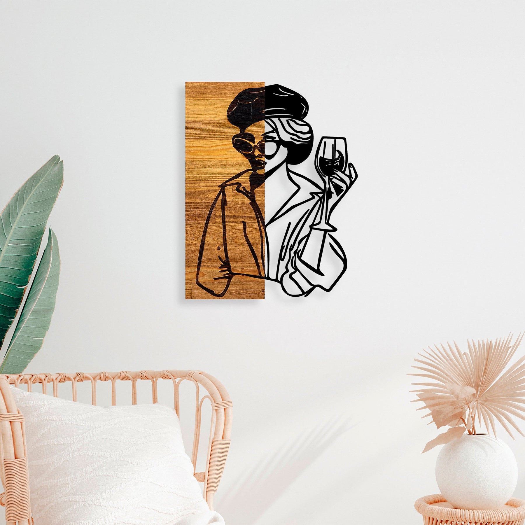 Decoratiune perete Woman 2, stejar/negru, lemn/metal, 39x3x50 cm
