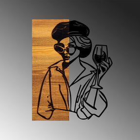 Decoratiune perete Woman 2, stejar/negru, lemn/metal, 39x3x50 cm
