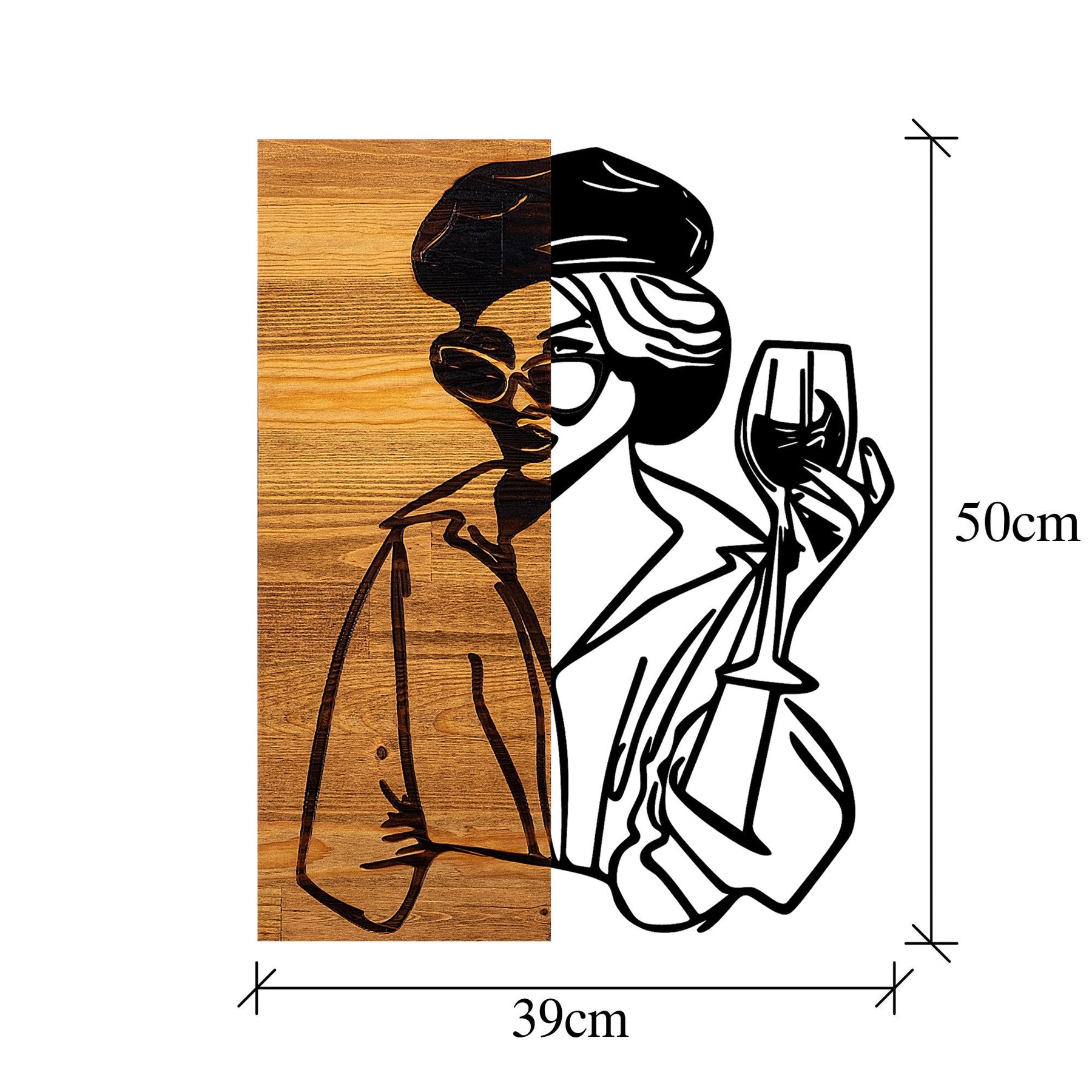 Decoratiune perete Woman 2, stejar/negru, lemn/metal, 39x3x50 cm