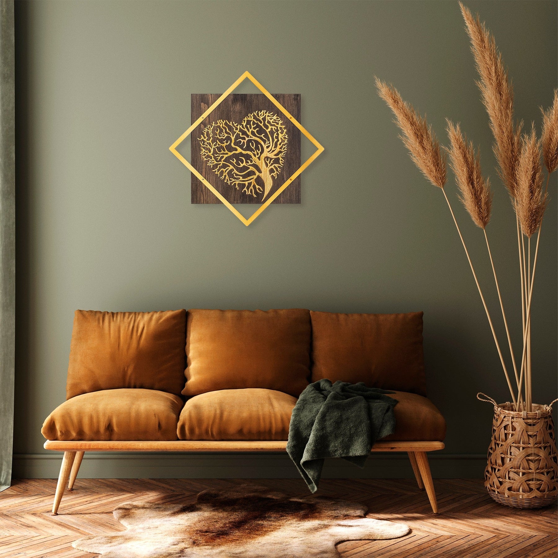 Decoratiune perete Tree v3, auriu, lemn/metal, 54x54 cm