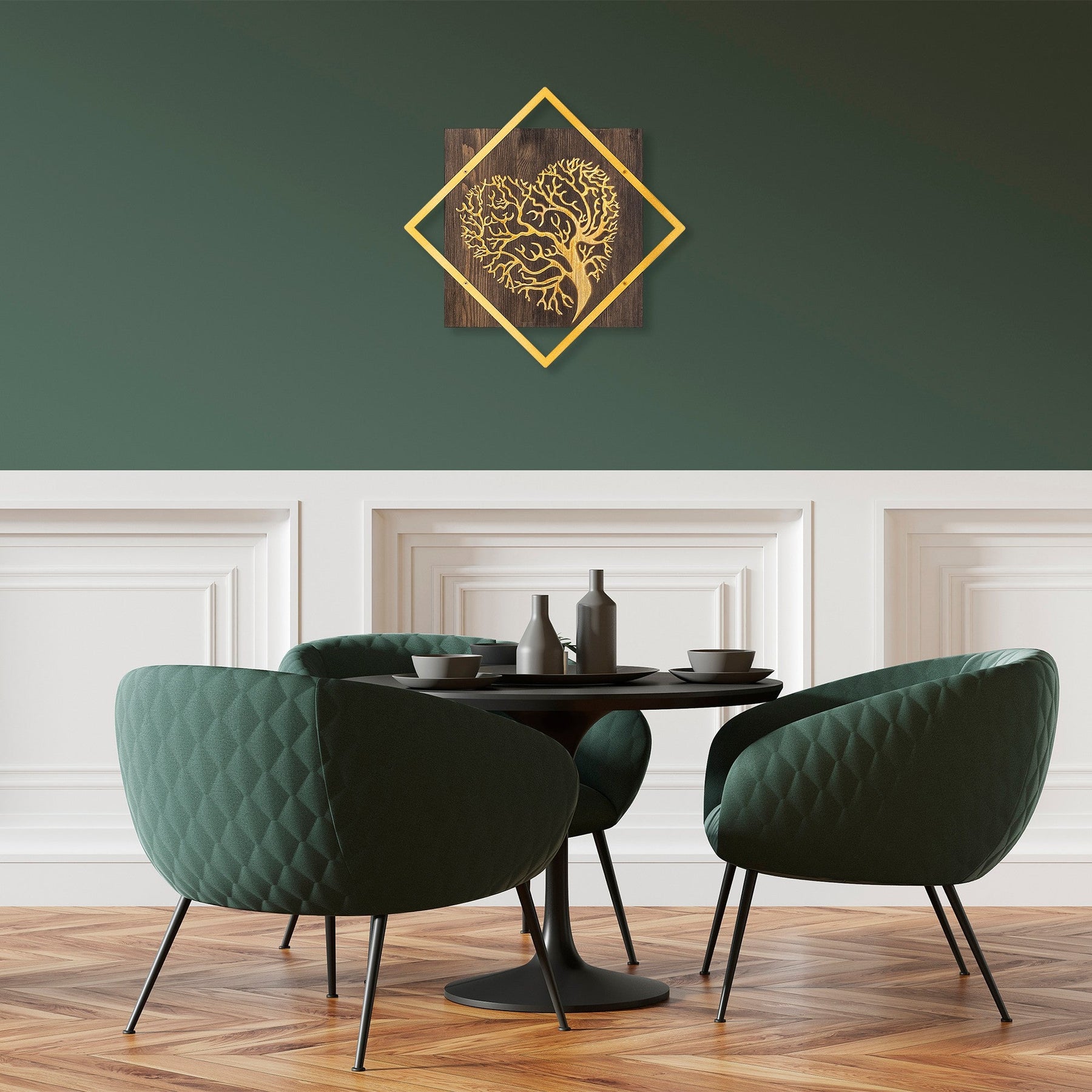 Decoratiune perete Tree v3, auriu, lemn/metal, 54x54 cm