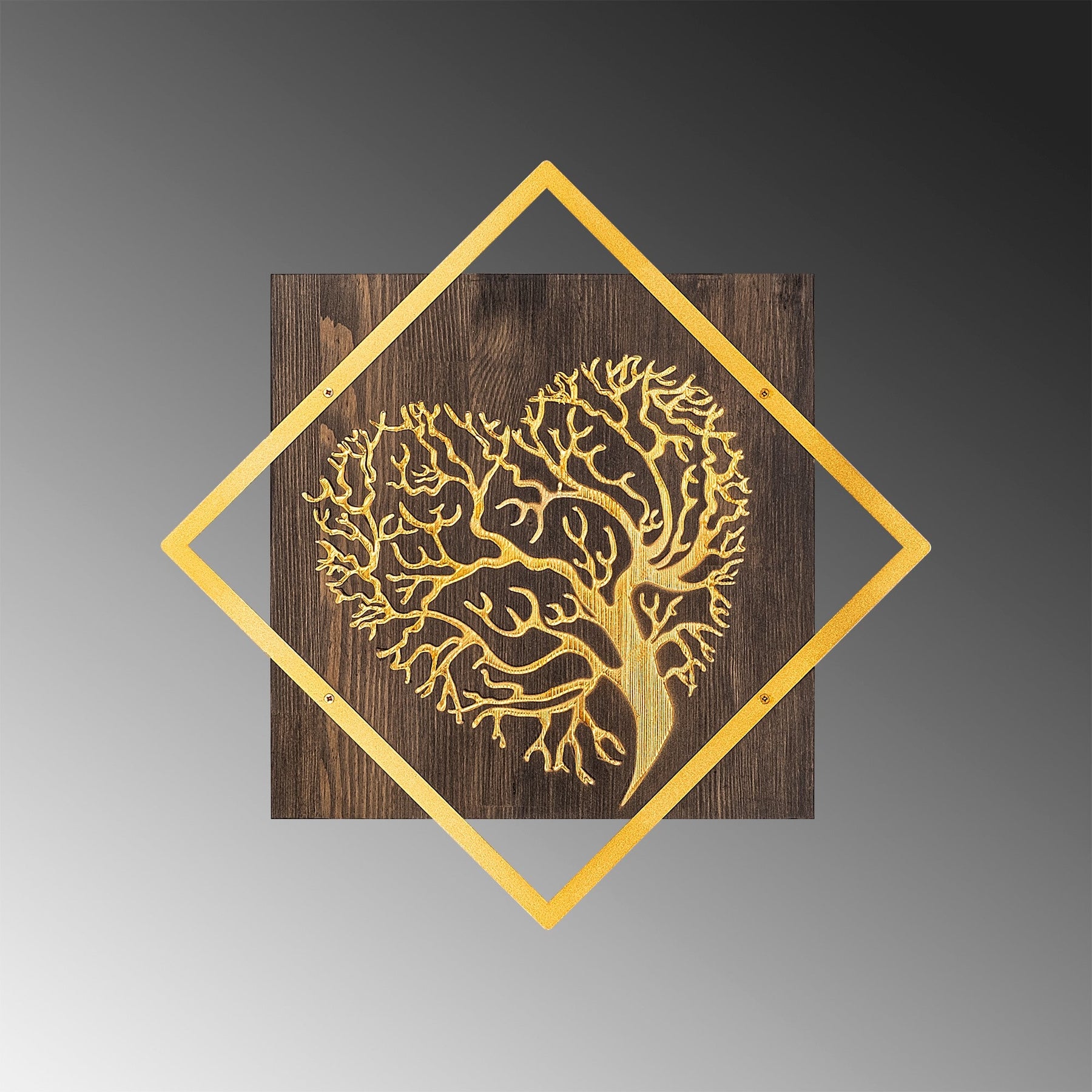 Decoratiune perete Tree v3, auriu, lemn/metal, 54x54 cm