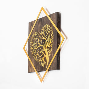 Decoratiune perete Tree v3, auriu, lemn/metal, 54x54 cm