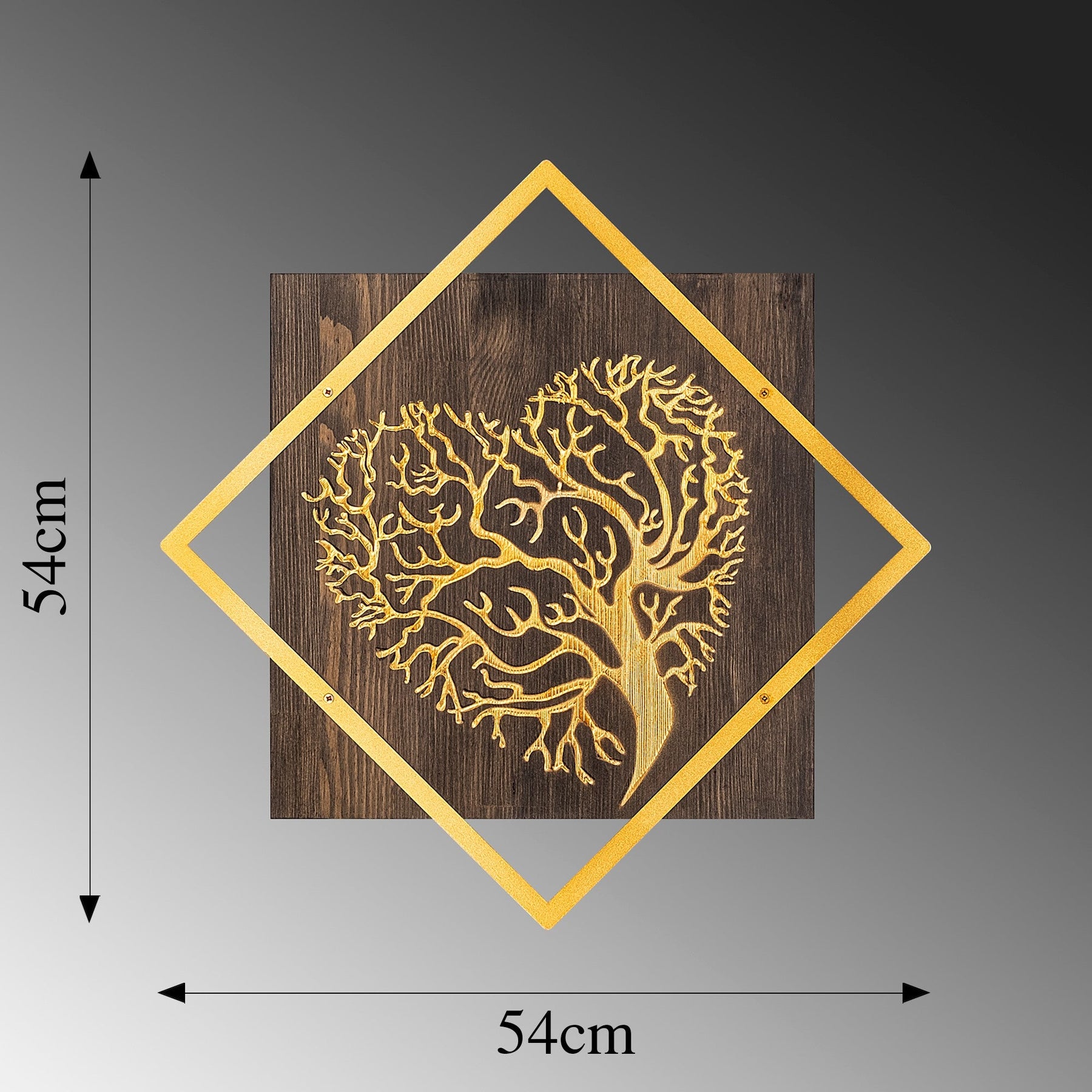 Decoratiune perete Tree v3, auriu, lemn/metal, 54x54 cm