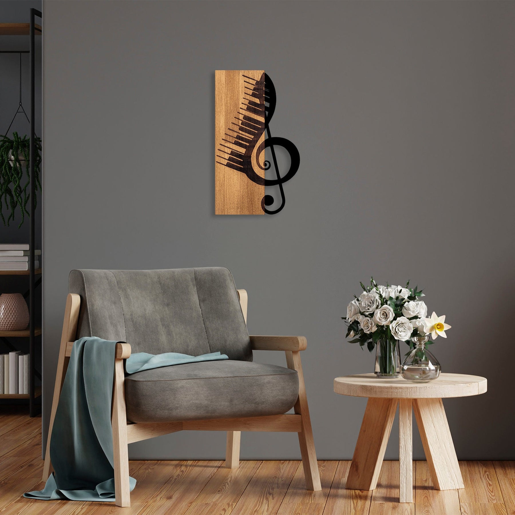 Decoratiune perete Musical 1, stejar/negru, lemn/metal, 30x50 cm