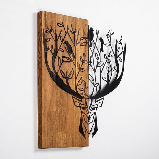 Accesoriu decorativ Deer 1, negru/stejar, lemn/metal, 49x58 cm
