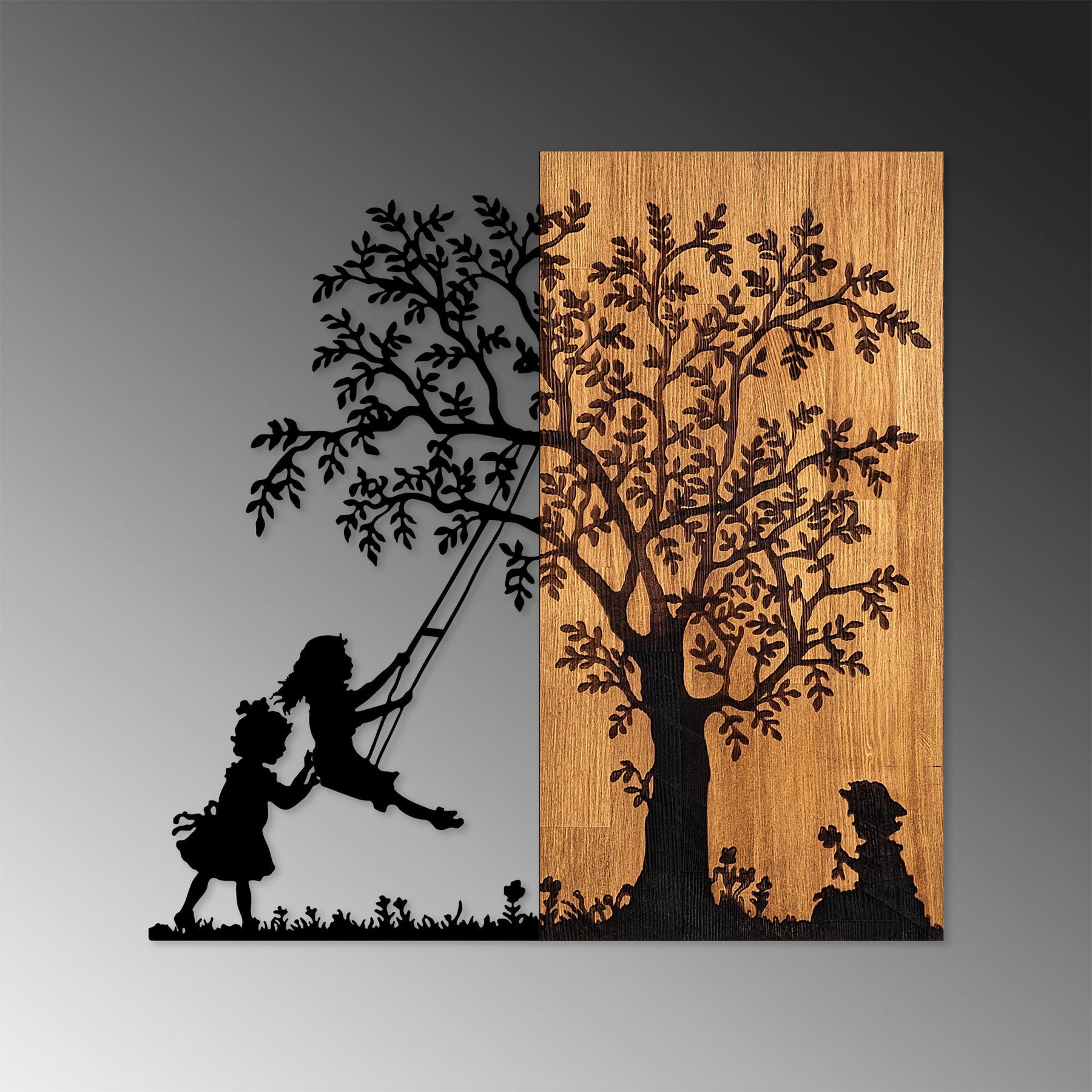 Decoratiune perete 899SKL2406, stejar/nergu, lemn/metal, 59x58 cm