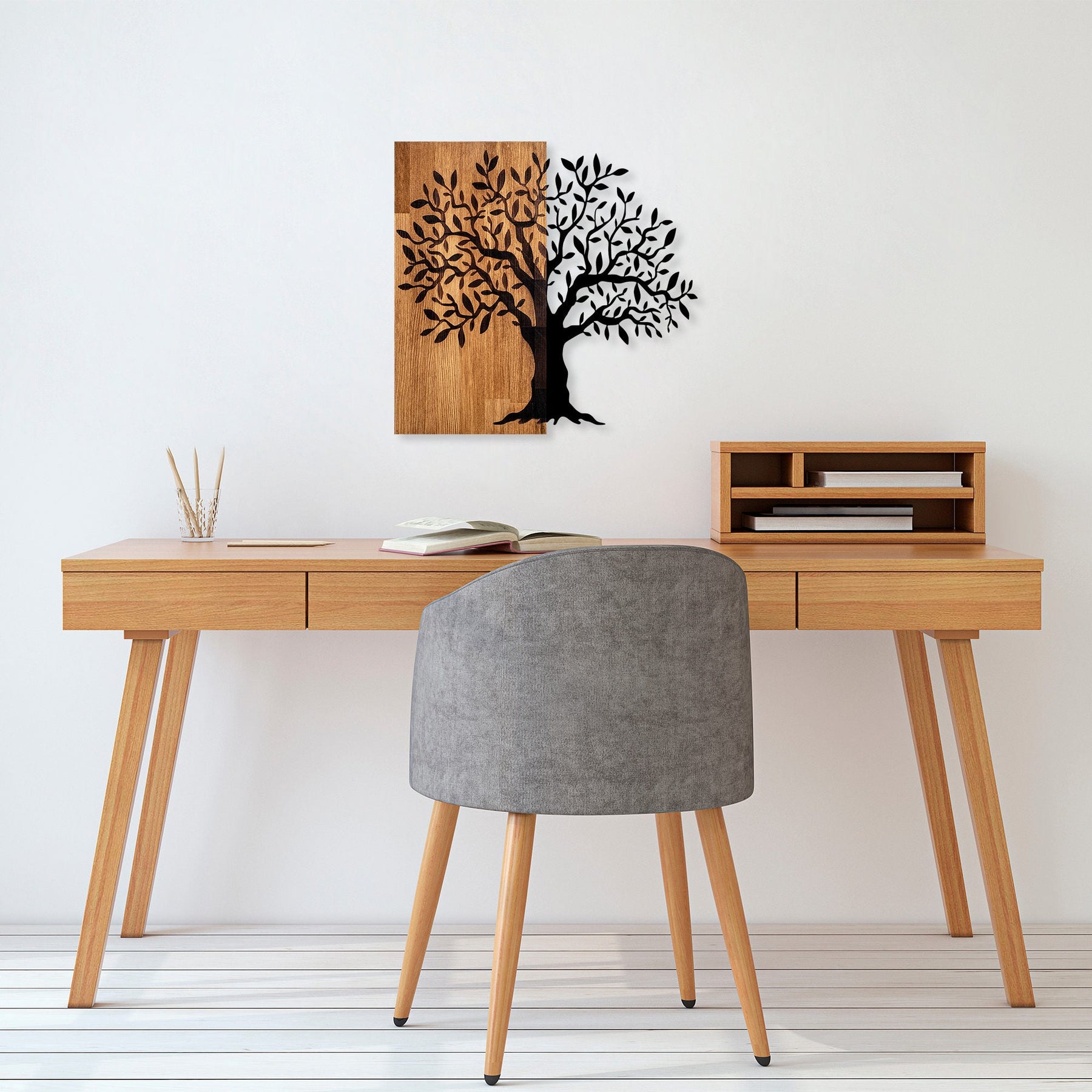 Decoratiune perete Mysterious Tree - 371, stejar/negru, lemn/metal, 60x58 cm