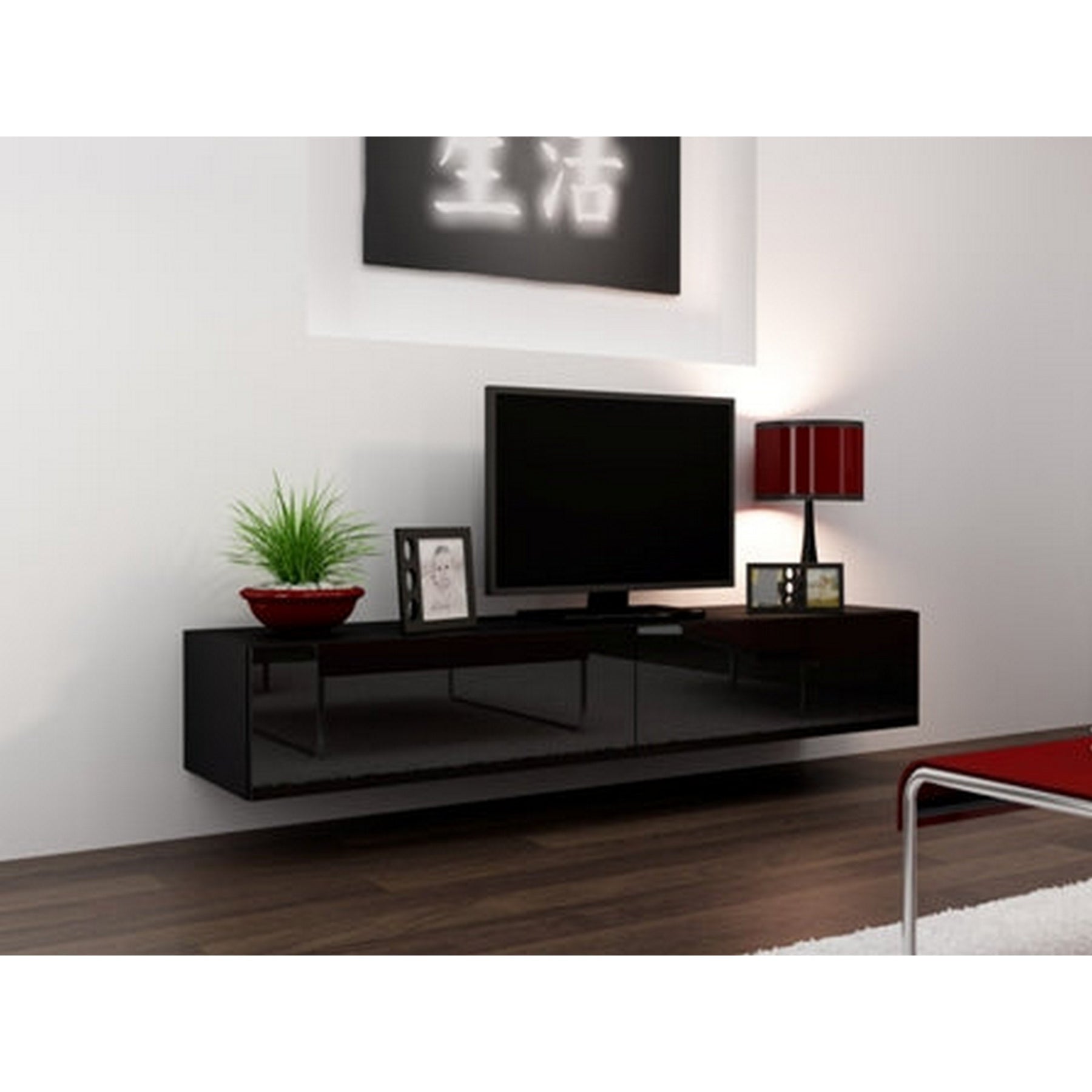 Comoda TV cu 2 usi suspendata Vigo, negru/negru lucios, 180x40x30 cm