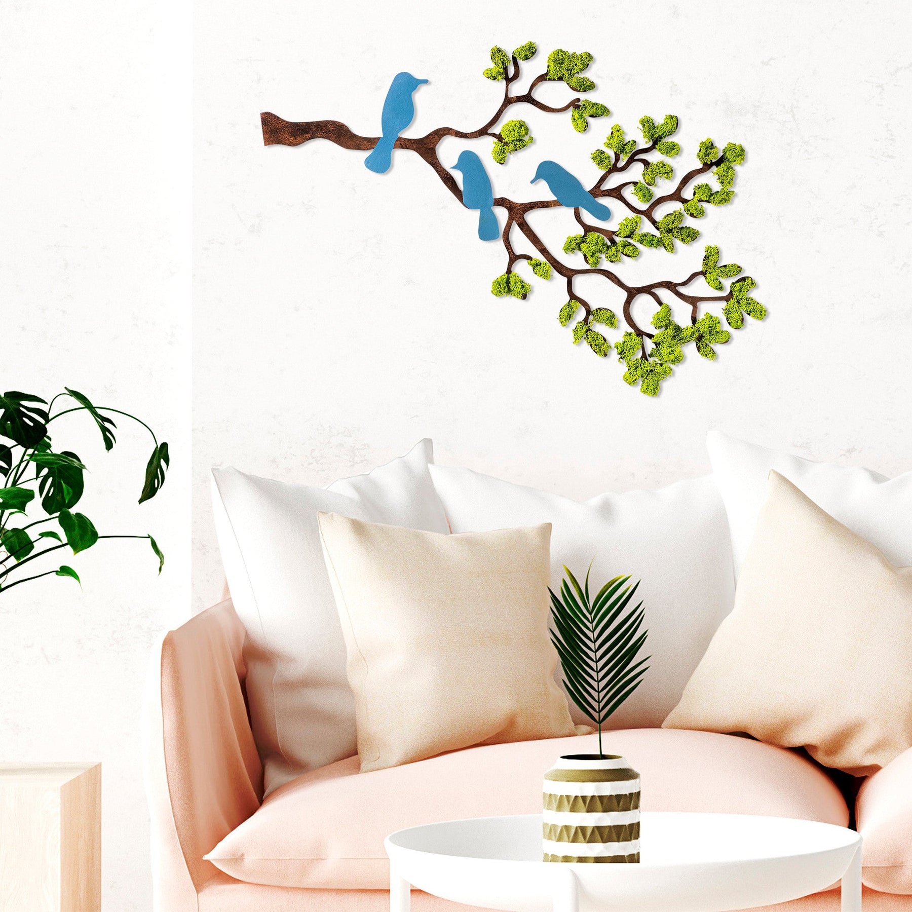 Decoratiune perete Tree 3, verde/albastru, muschi, 79x1x60 cm