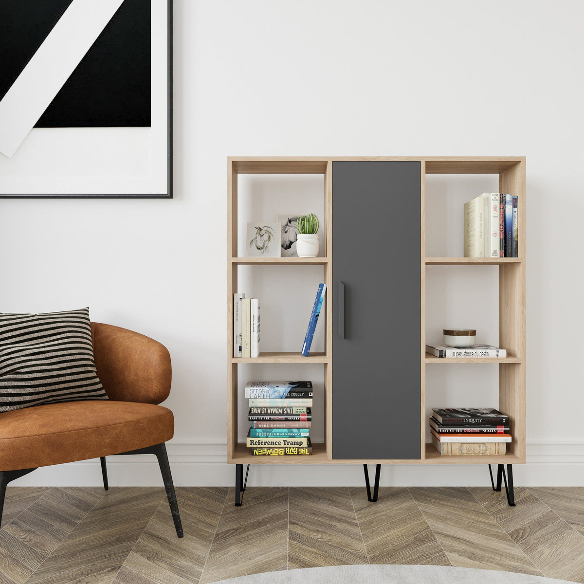 Biblioteca Peoria, stejar/gri antracit, PAL melaminat, 120x25x142 cm