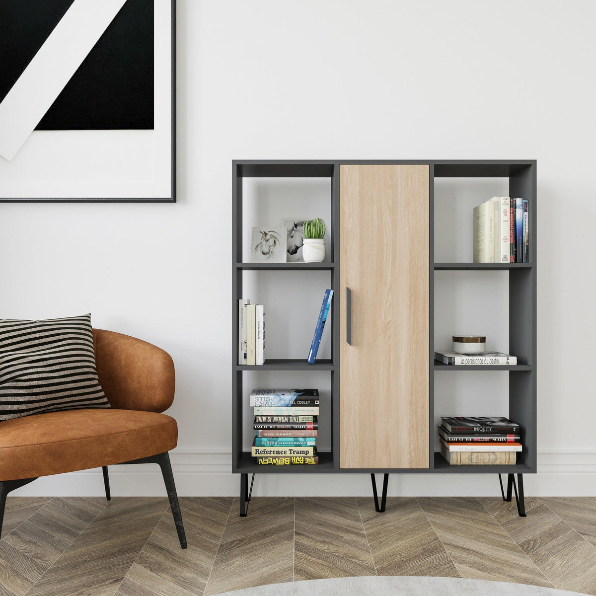 Biblioteca Peoria, gri/stejar, PAL melaminat, 120x25x142 cm