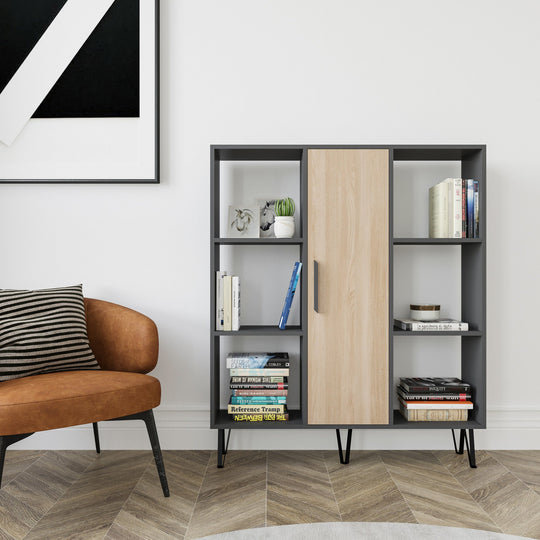 Biblioteca Peoria, gri/stejar, PAL melaminat, 120x25x142 cm